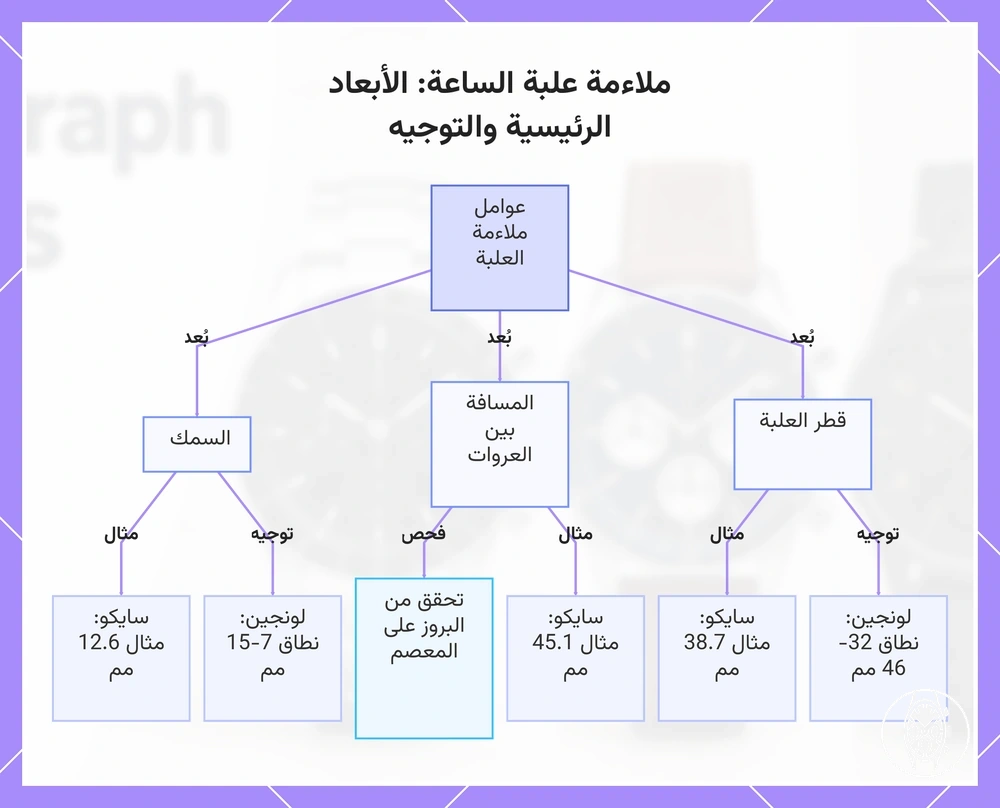 ملاءمة علبة الساعة: الأبعاد الرئيسية والتوجيه