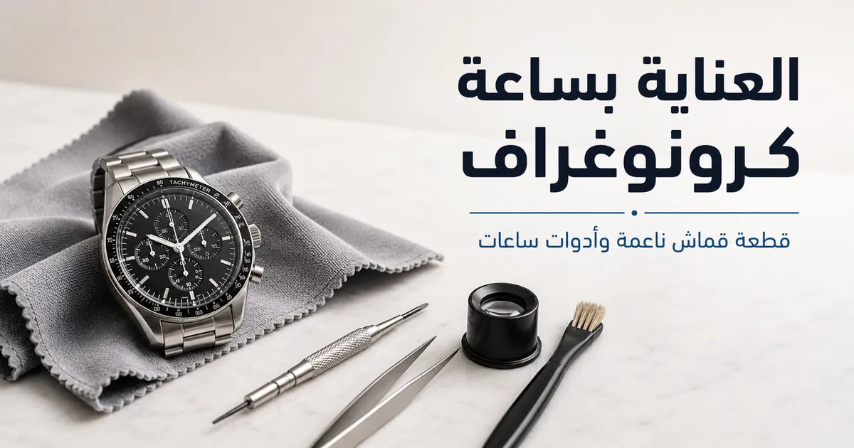 تنظيف وصيانة ساعة كرونوغراف رجالية باستخدام قطعة قماش ناعمة وأدوات ساعات