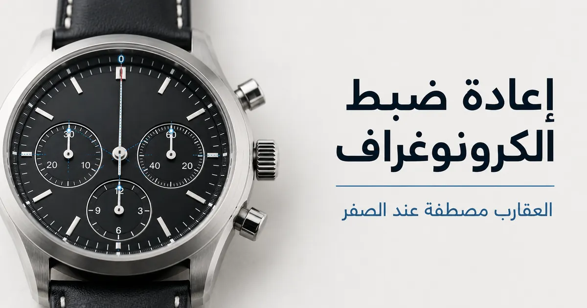 ساعة كرونوغراف رجالية بعقارب مصطفة عند الصفر أثناء إعادة الضبط والمعايرة