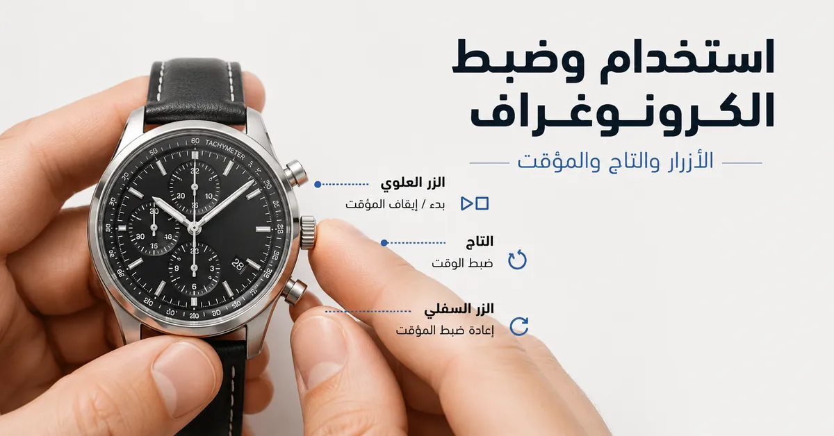 يدان تستخدمان الأزرار الجانبية والتاج في ساعة كرونوغراف رجالية لضبط المؤقت وتشغيله