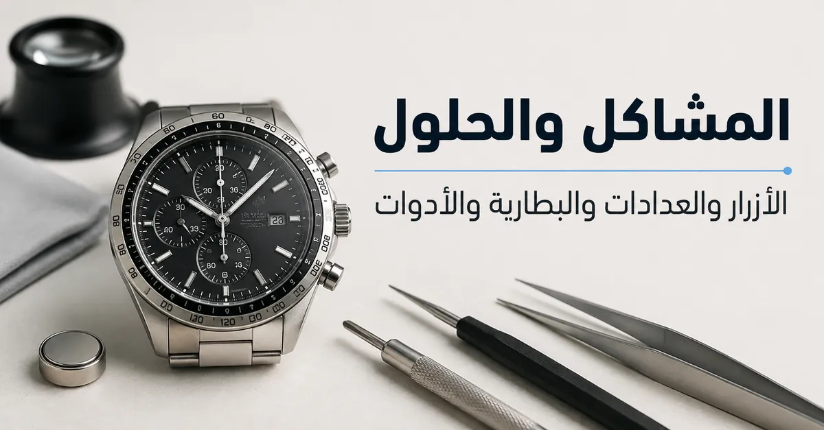 فحص أعطال ساعة كرونوغراف رجالية مع الأزرار الجانبية والعدادات الفرعية والبطارية وأدوات الإصلاح