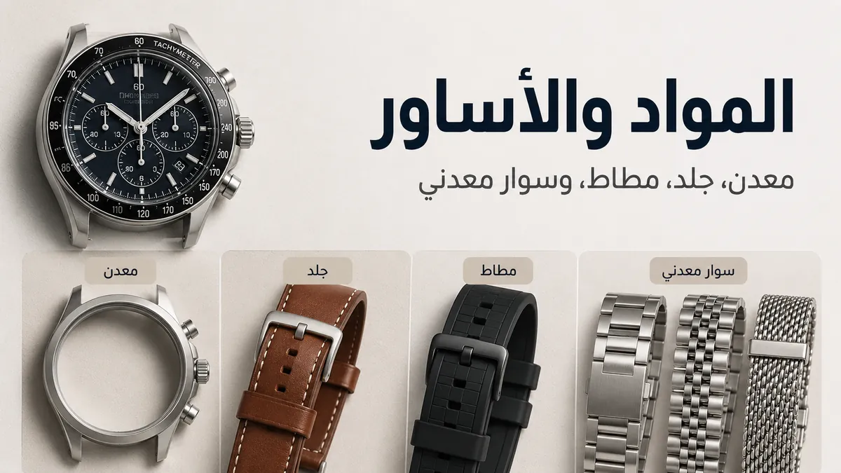 مواد ساعات كرونوغراف رجالية تشمل علبًا معدنية وأساور جلدية وأساور مطاطية وأنماط سوار معدني