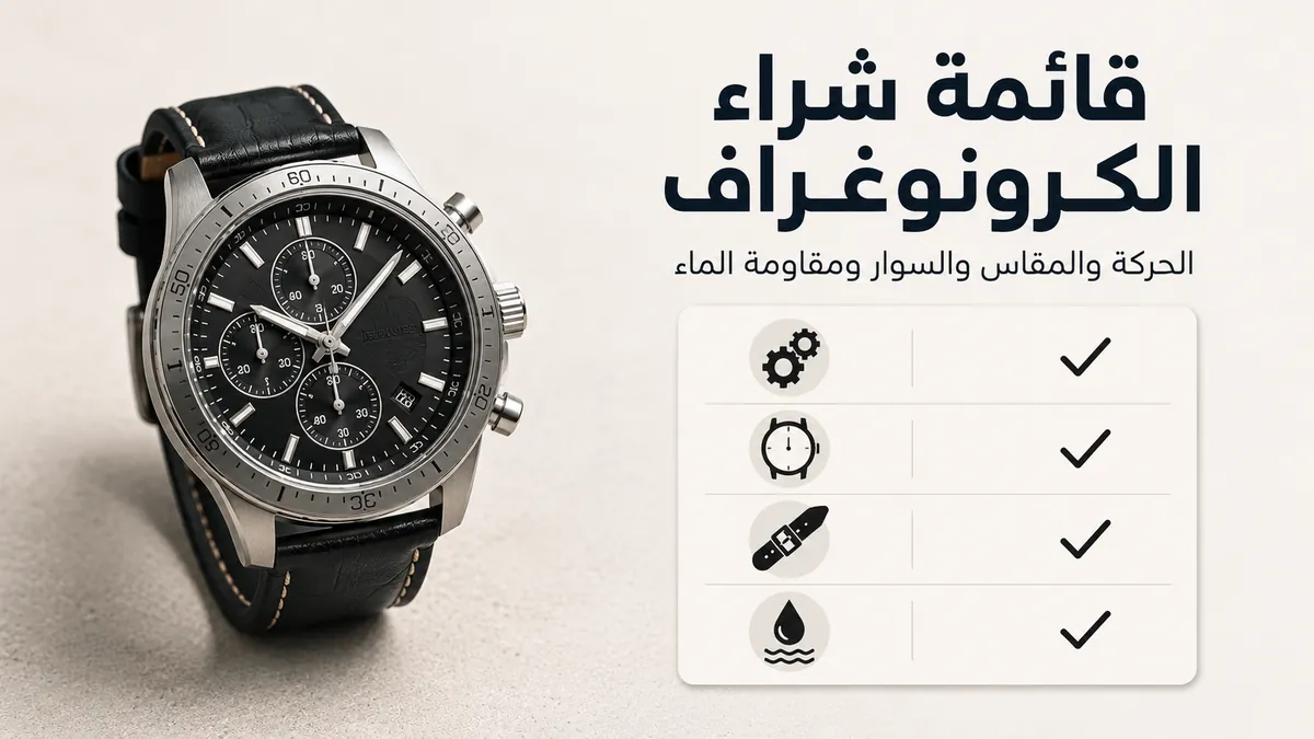قائمة اختيار ساعة كرونوغراف رجالية مع معايير الحركة والمقاس والسوار ومقاومة الماء