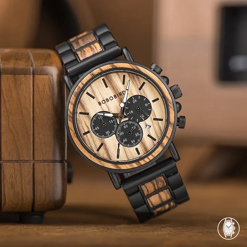 Herren-Quarz-Chronographenarmbanduhr mit Metall-Holz-Armband und Geschenkbox
