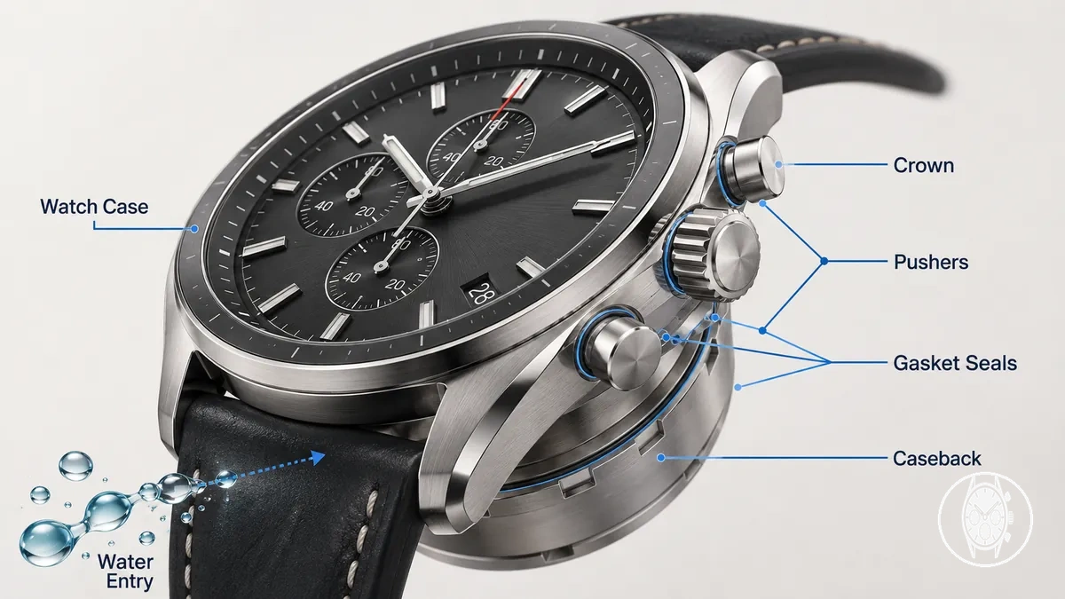 Nahaufnahme eines Herren-Chronographen: Krone, Drücker, Gehäusebodenkante und Dichtungsbereiche des Gehäuses