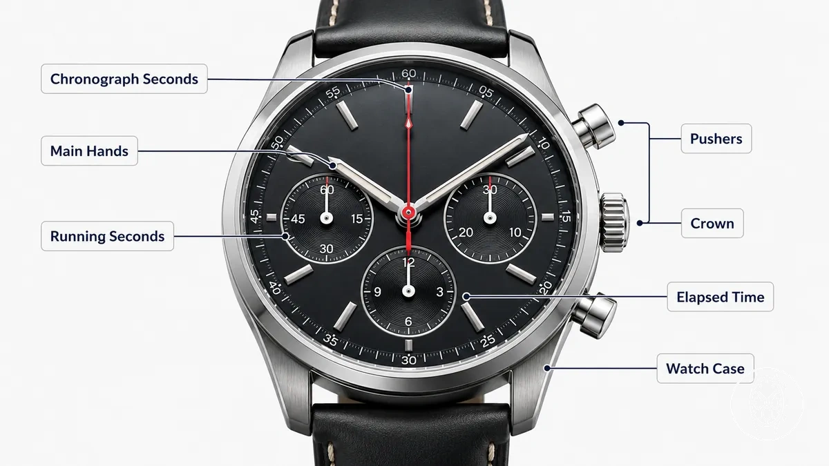 Chronograph-Bedienelemente und Zifferblattteile zur Einrichtung und zum Ablesen der verstrichenen Zeit