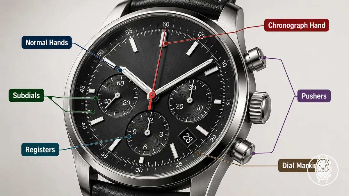 Chronographen-Zifferblatt mit normalen Zeigern, Chronographenzeiger, Hilfszifferblättern, Markierungen und seitlichen Drückern