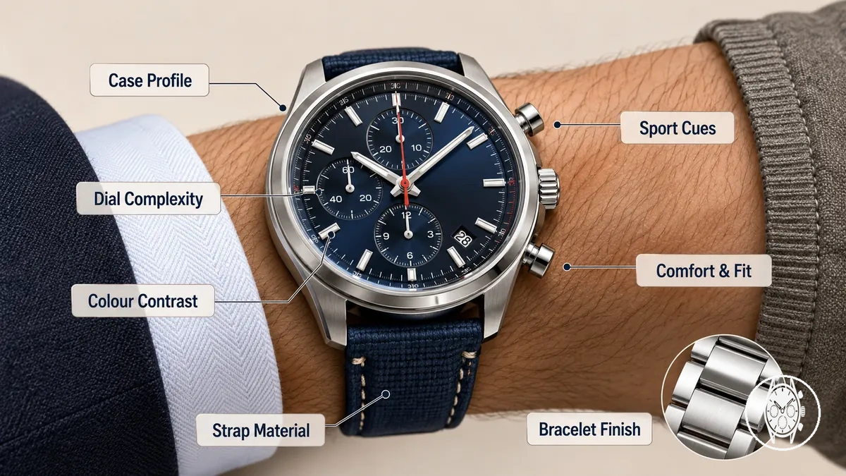 Beschriftete Herren-Chronographenuhr mit Zifferblatt, Gehäuse, Band und Passformhinweisen für den Tragestil