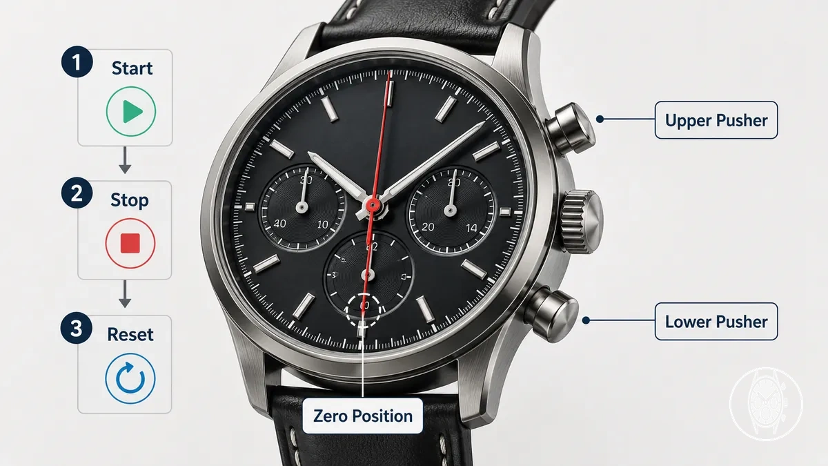 Drücker einer Herren-Chronographenuhr mit Beschriftung für Start-, Stopp- und Reset-Funktionen