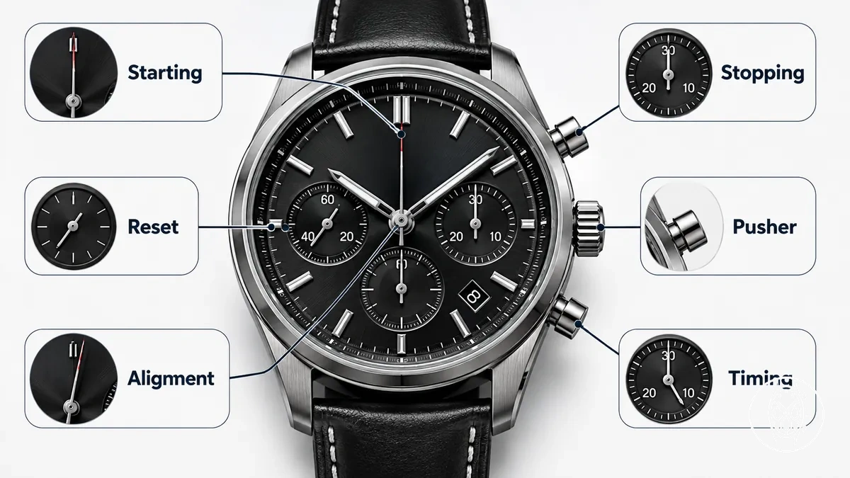Herren-Chronograph mit sichtbaren Start-, Stopp-, Rückstell-, Ausrichtungs- und Drückersymptomen