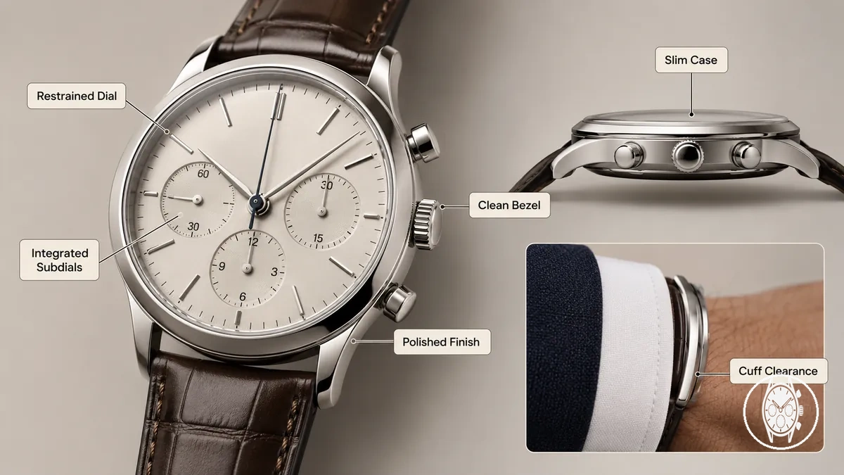 Signale eines eleganten Chronographen mit zurückhaltendem Zifferblatt, schlankem Gehäuse, schlichter Lünette und manschettenfreundlichem Profil