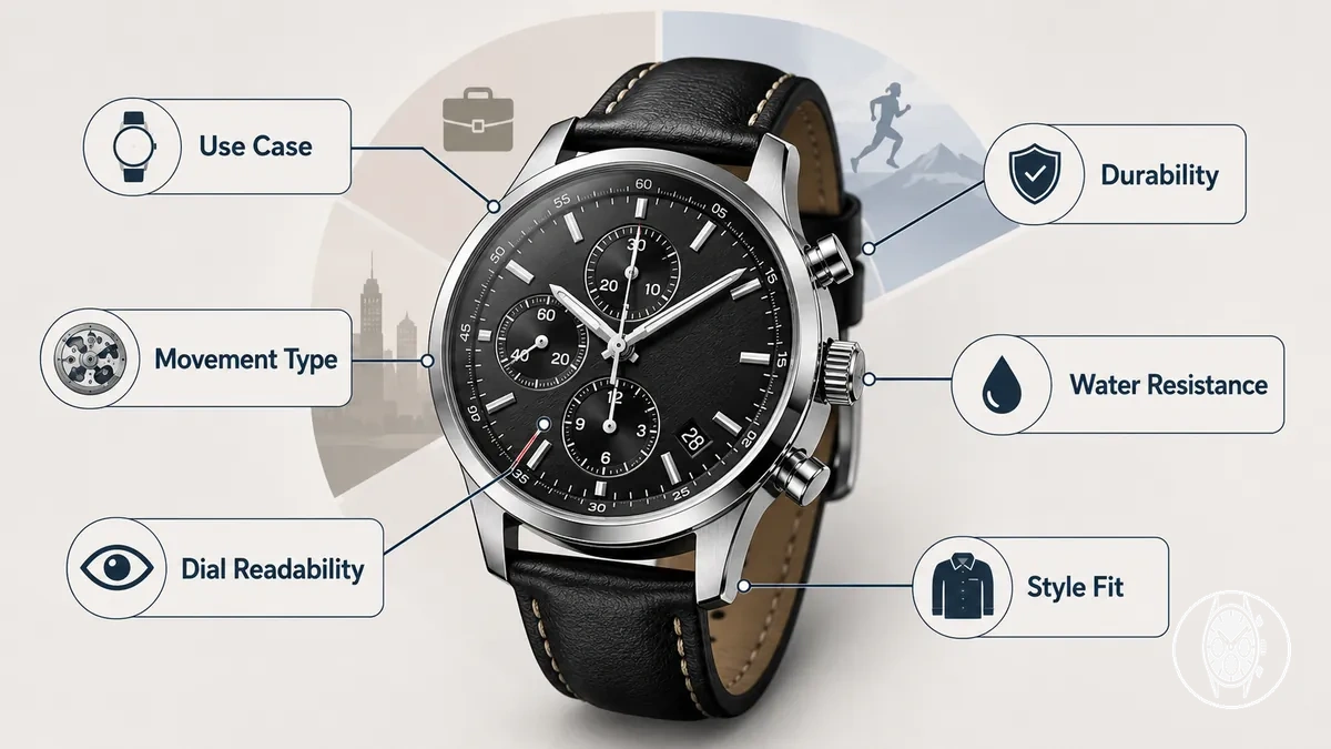 Kommentierte Kriterien für Herren-Chronographen mit Uhrwerk, Zifferblatt-Ablesbarkeit, Armband und Wasserbeständigkeit
