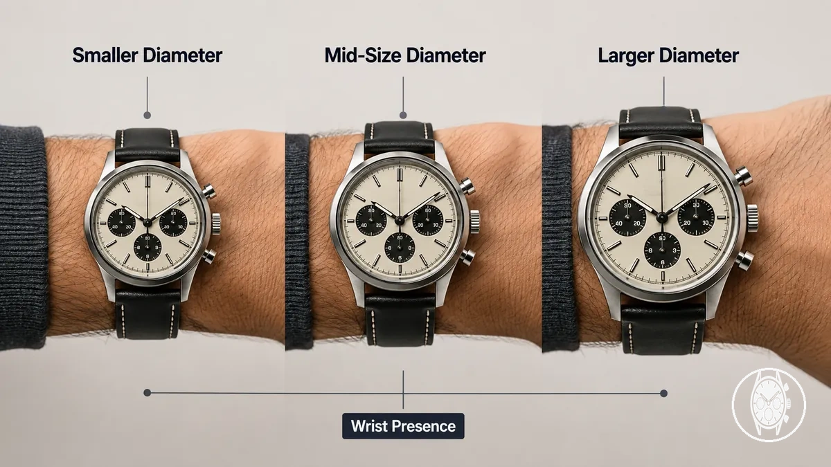 Vergleich von Chronographen-Gehäusedurchmessern mit unterschiedlicher Handgelenkpräsenz