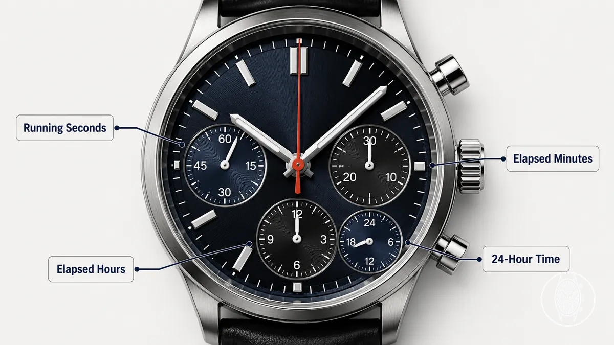 Chronograph-Hilfszifferblätter für laufende Sekunden, verstrichene Minuten, verstrichene Stunden und 24-Stunden-Zeit