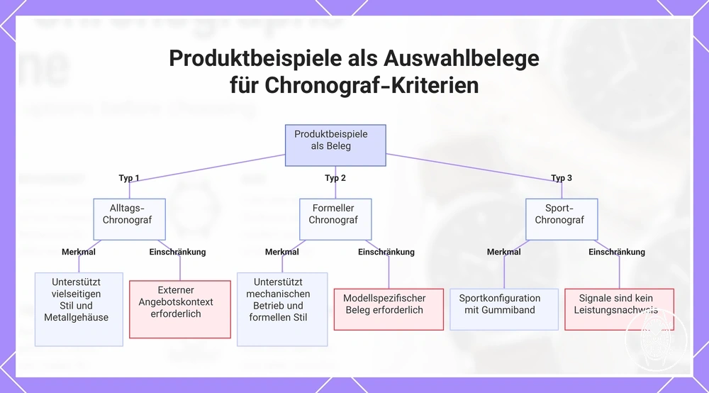 Produktbeispiele als Auswahlbelege für Chronograf-Kriterien