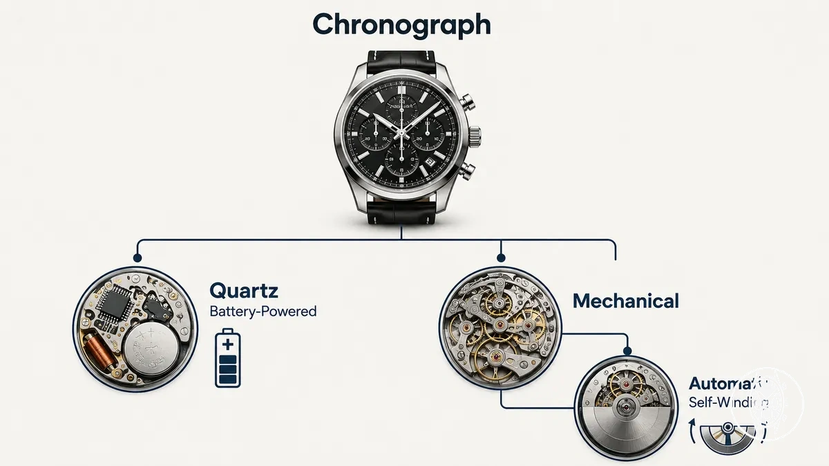 Chronographen-Uhrwerksumfang, der Quarz als separaten Zweig und Automatik innerhalb der mechanischen Familie zeigt