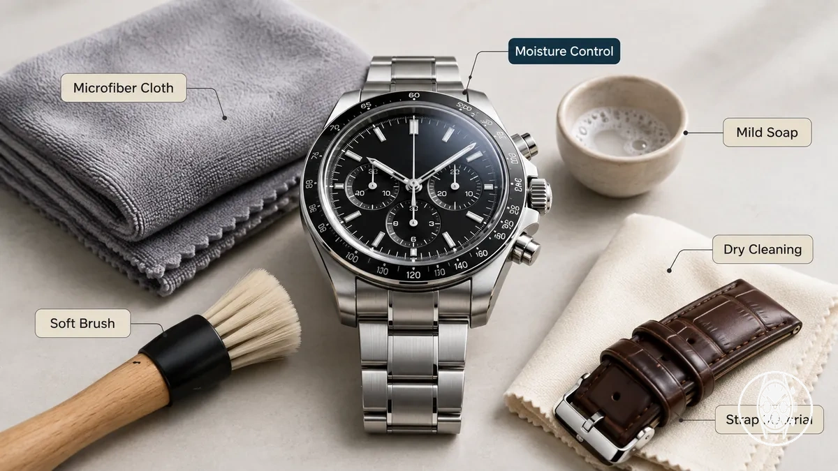 Sichere Reinigungswerkzeuge für einen Herren-Chronographen, darunter ein Mikrofasertuch und eine weiche Bürste