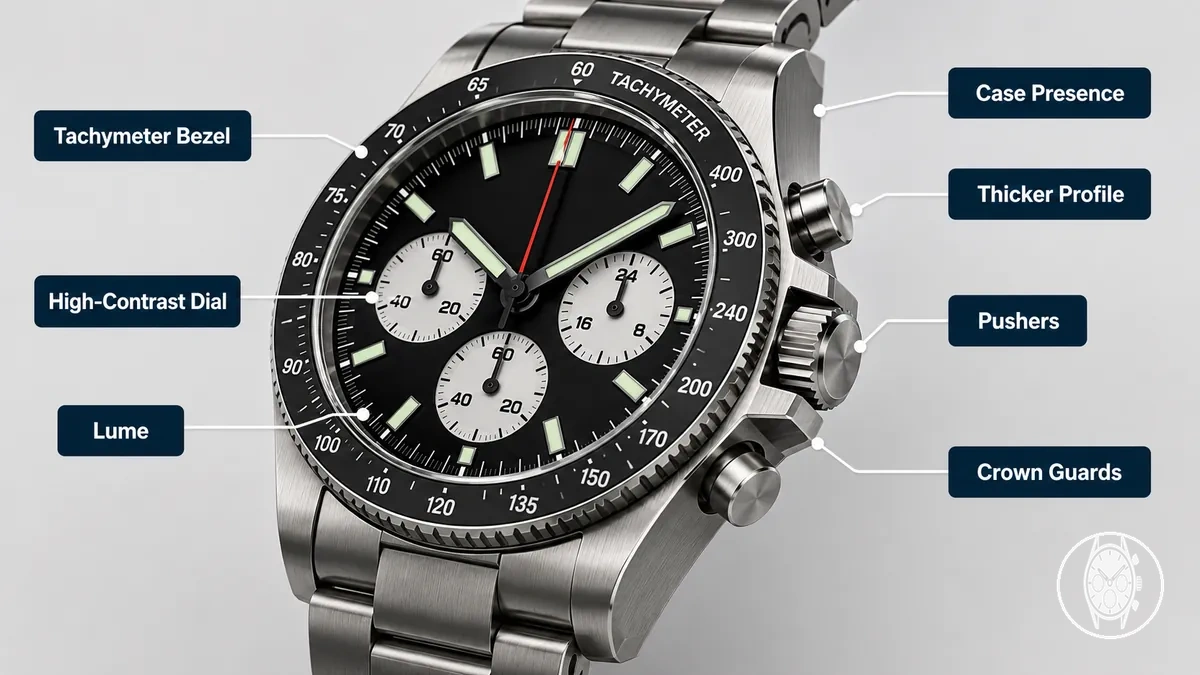 Signale eines Sport-Chronographen mit größerem Gehäuse, Lünettenmarkierungen, Drückern, kontrastreichem Zifferblatt und robuster Veredelung
