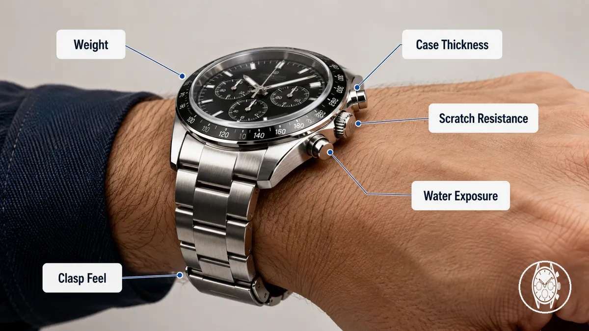 Beschriftete Herren-Chronographenuhr mit Gehäusedicke, Armbandpassform und Komfortsignalen am Handgelenk
