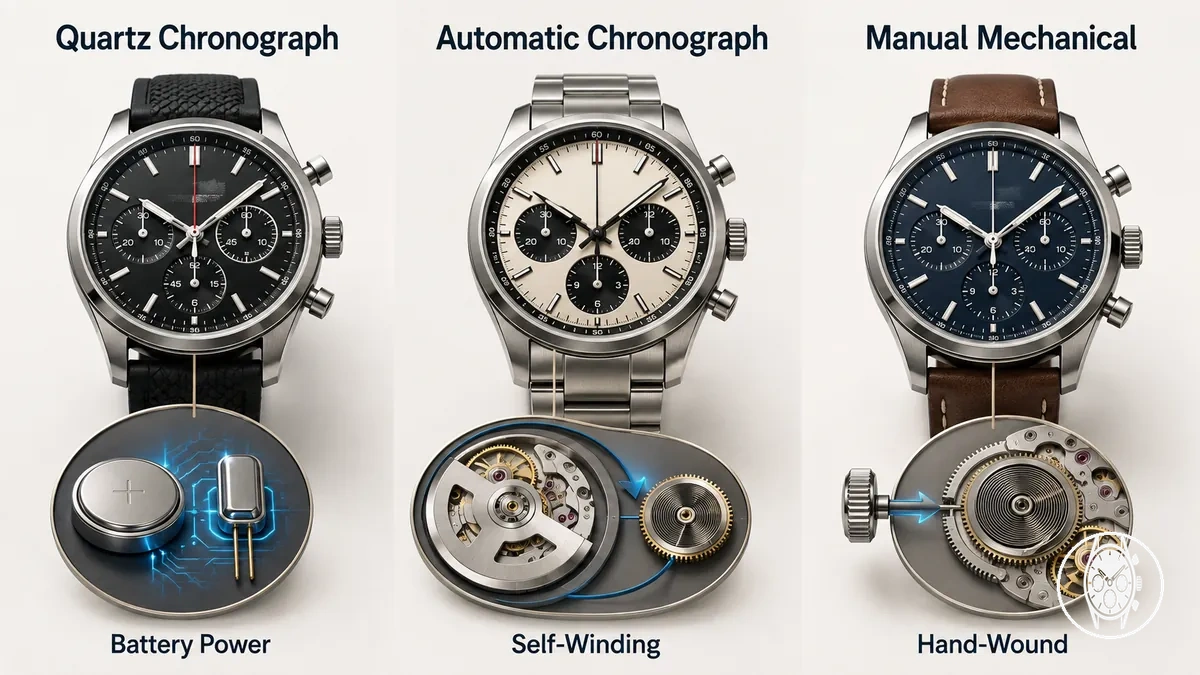 Quarz-, Automatik- und Handaufzug-Uhrwerkfamilien in Herren-Chronographen