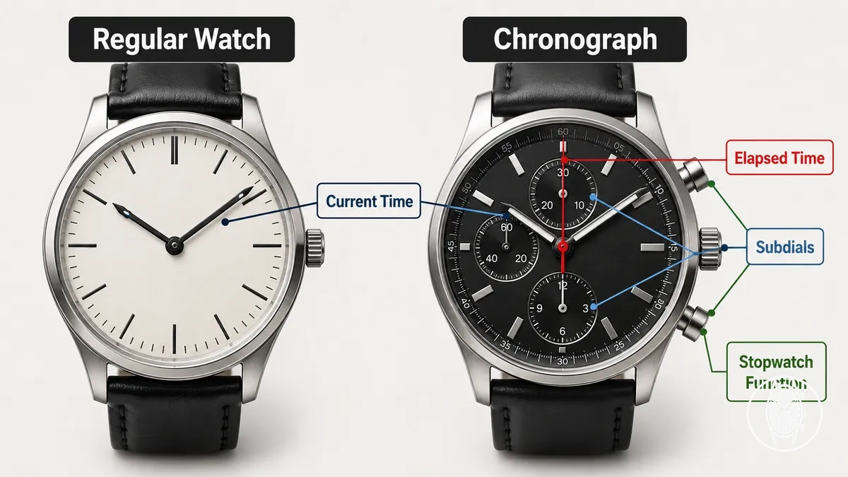 Vergleich eines normalen Uhrenzifferblatts mit einem Chronographenzifferblatt, das die aktuelle Zeit und die zusätzlichen Anzeigen der verstrichenen Zeit zeigt