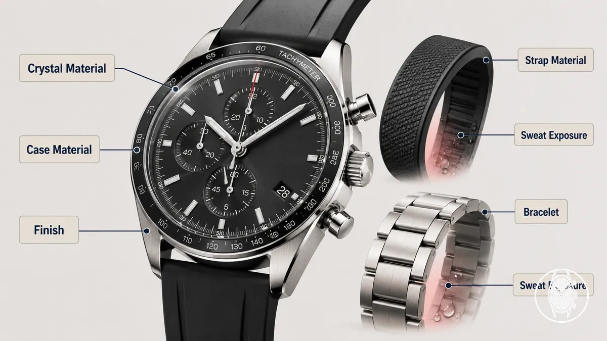 Beschrifteter Herren-Chronograph mit Gehäuse, Glas, Band, Armband, Krone und Drücker-Materialbereichen