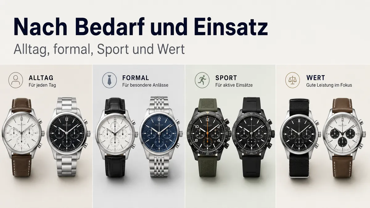 Auswahl von Herren-Chronographen, gruppiert nach Alltag, formellem Stil, Sport und Wert