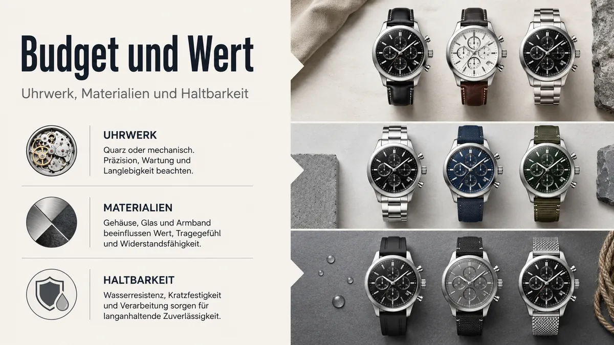 Herren-Chronographen geordnet nach Budget und Wertfaktoren wie Uhrwerk, Materialien und Haltbarkeit