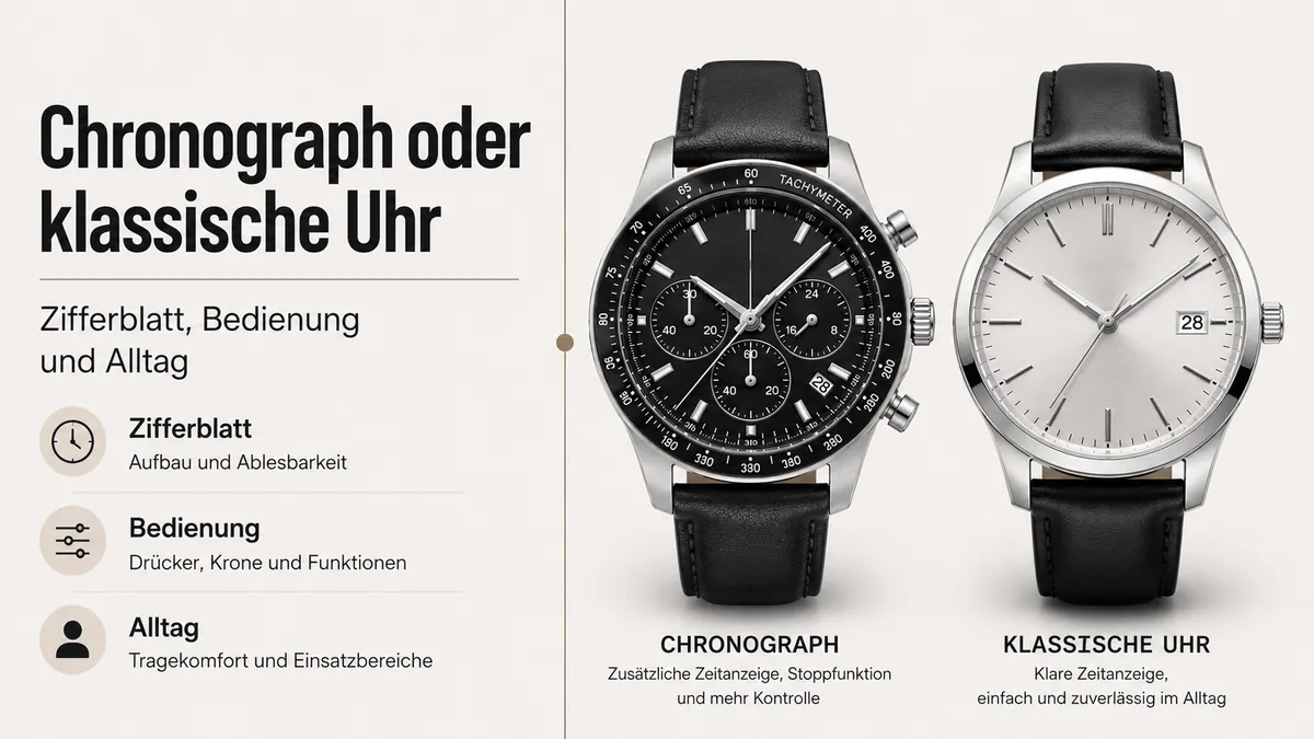 Herren-Chronograph und klassische Uhr im Vergleich nach Zifferblatt, Bedienelementen und Alltagsfunktion