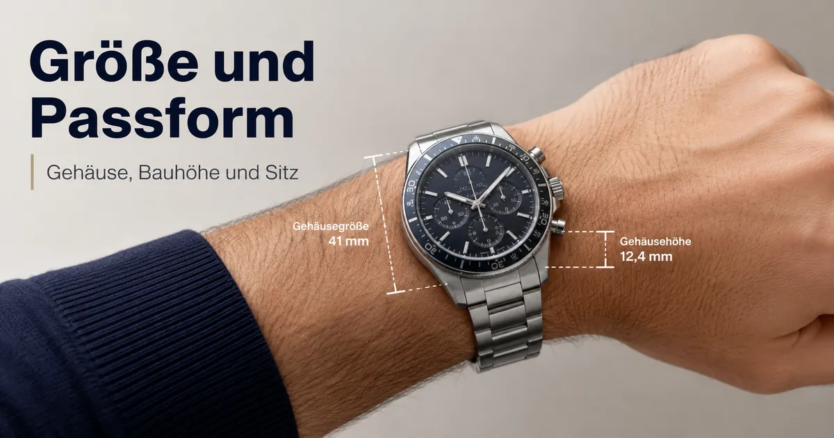 Herren-Chronograph am Handgelenk zur Darstellung von Gehäusegröße, Bauhöhe und Passform