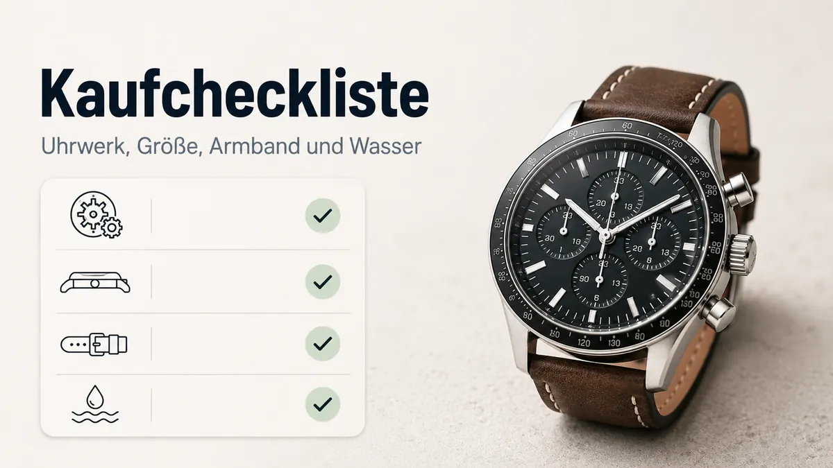 Auswahlcheckliste für Herren-Chronographen mit Kriterien zu Uhrwerk, Größe, Armband und Wasserdichtigkeit