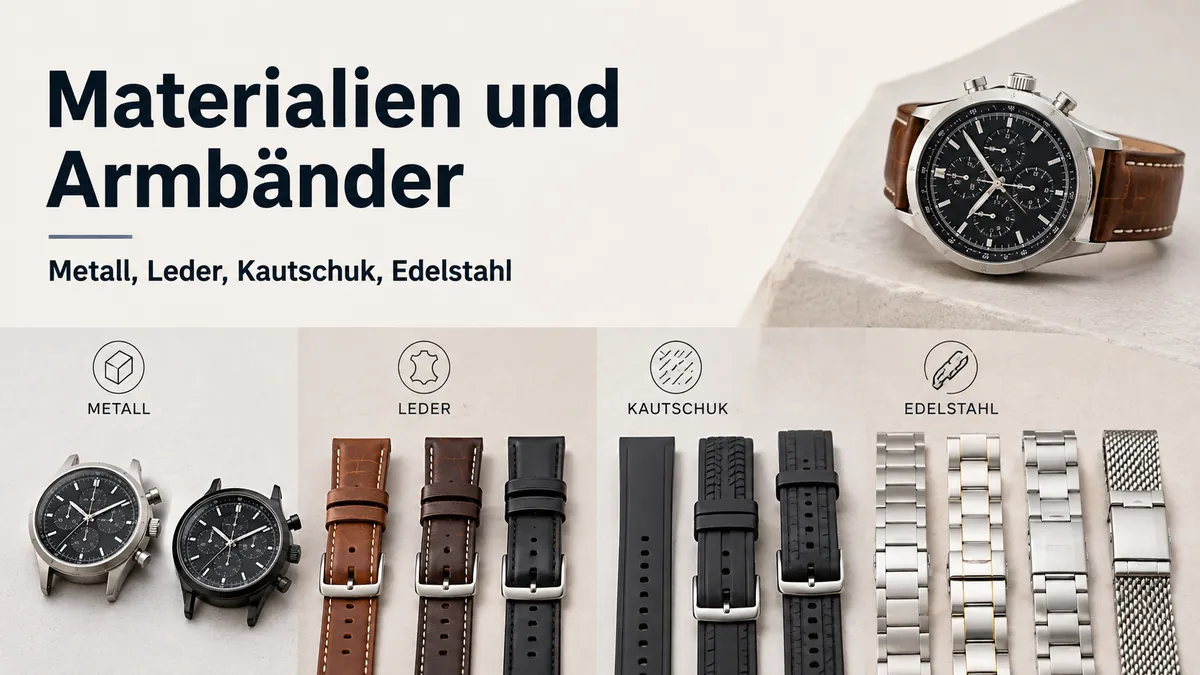 Materialien von Herren-Chronographen mit Metallgehäusen, Lederarmbändern, Kautschukarmbändern und Edelstahlbändern