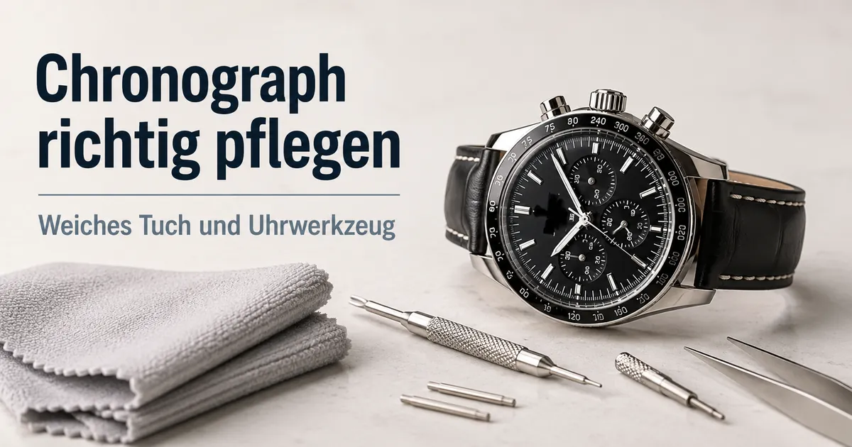 Reinigung und Pflege eines Herren-Chronographen mit weichem Tuch und Uhrmacherwerkzeug