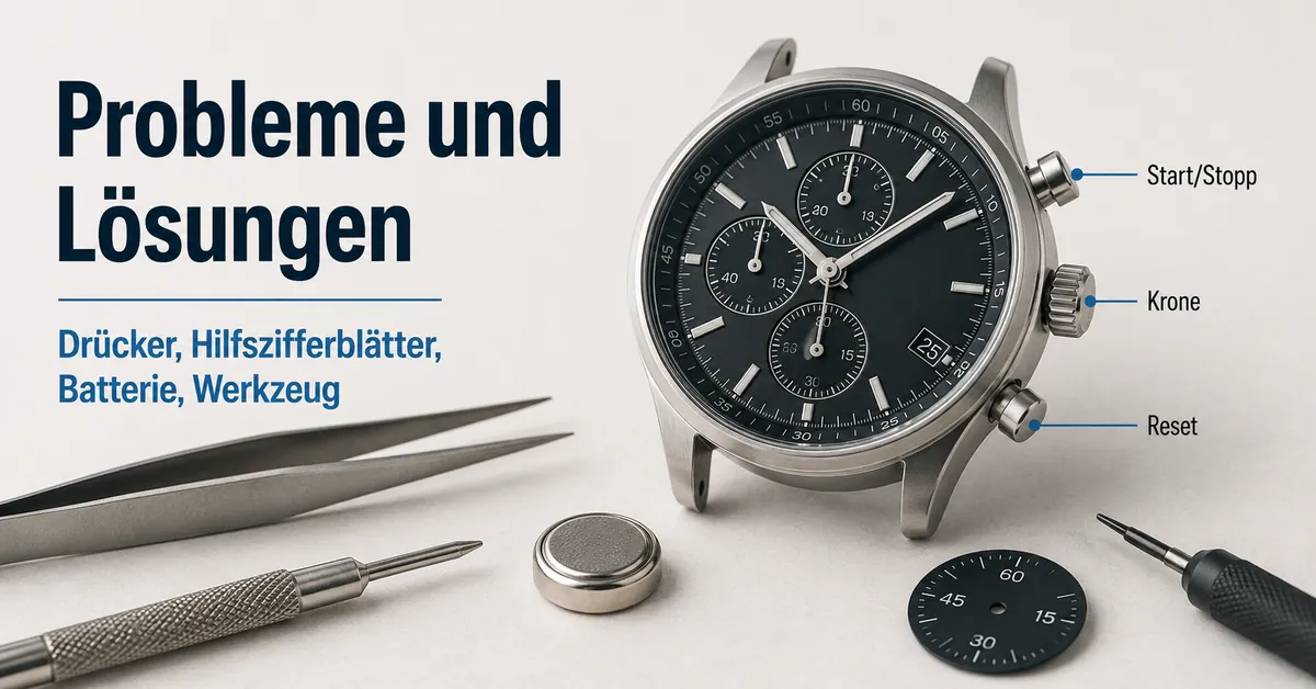 Fehlersuche bei einem Herren-Chronographen mit Drückern, Hilfszifferblättern, Batterie und Reparaturwerkzeug