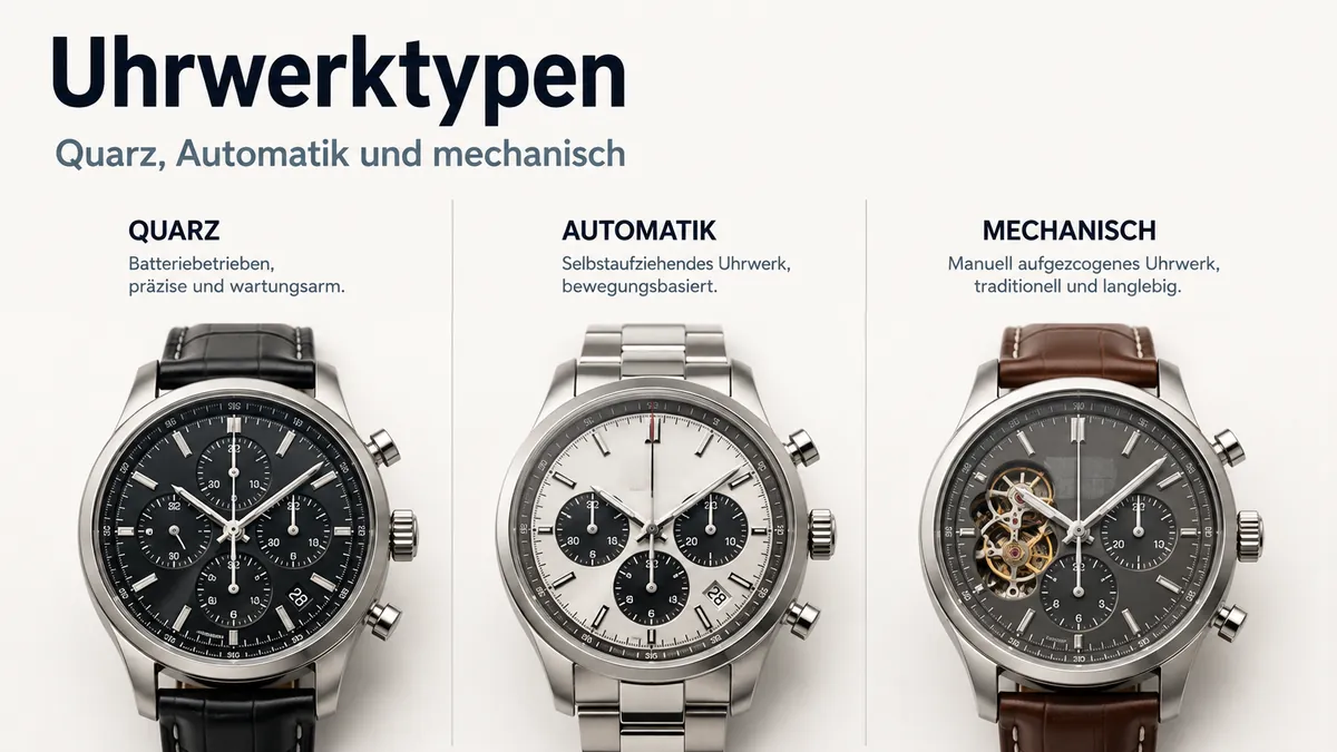 Herren-Chronographen als Beispiele für Quarz-, Automatik- und mechanische Uhrwerke