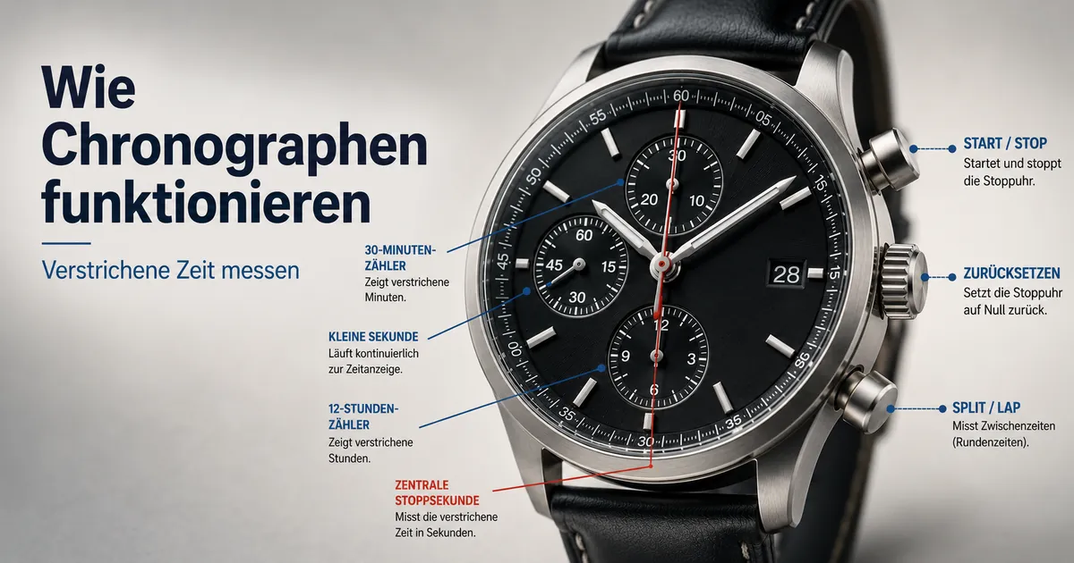 Herren-Chronograph mit Stoppuhrzeigern und seitlichen Drückern zum Messen verstrichener Zeit