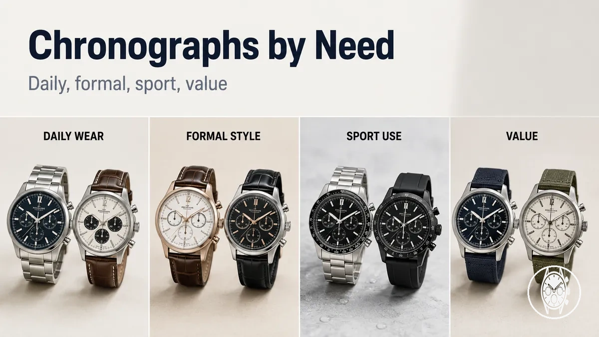 Selection of men's chronograph watches grouped by daily wear, formal style, sport use, and value