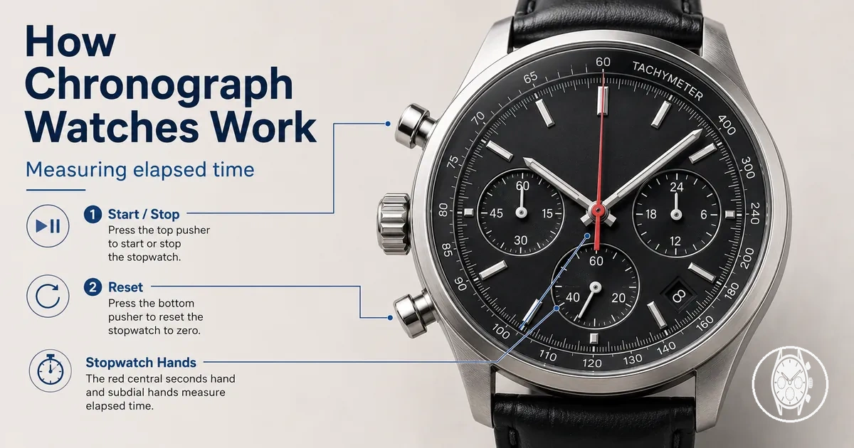 Men's chronograph watch showing stopwatch hands and side pushers used to measure elapsed time