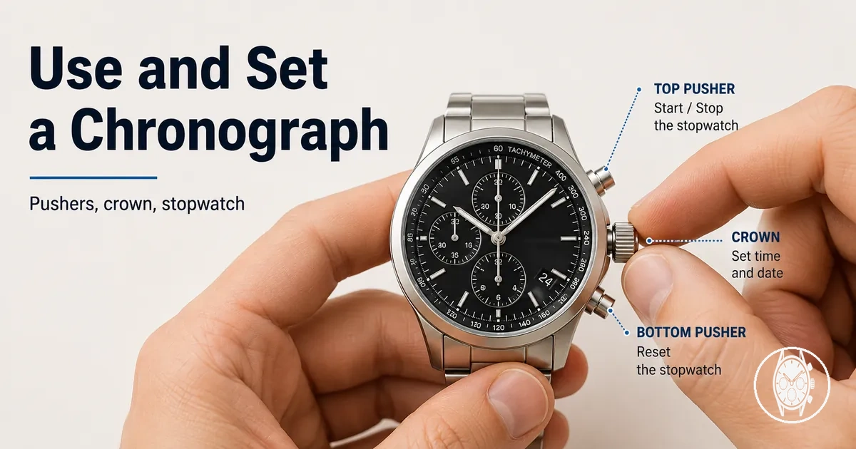 Hands using the pushers and crown on a men's chronograph watch to set and operate the stopwatch