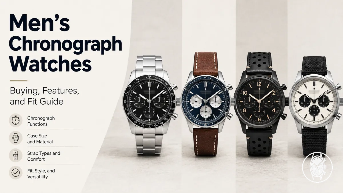 Men's chronograph watches showing different dial layouts, straps, and case styles for buying comparison