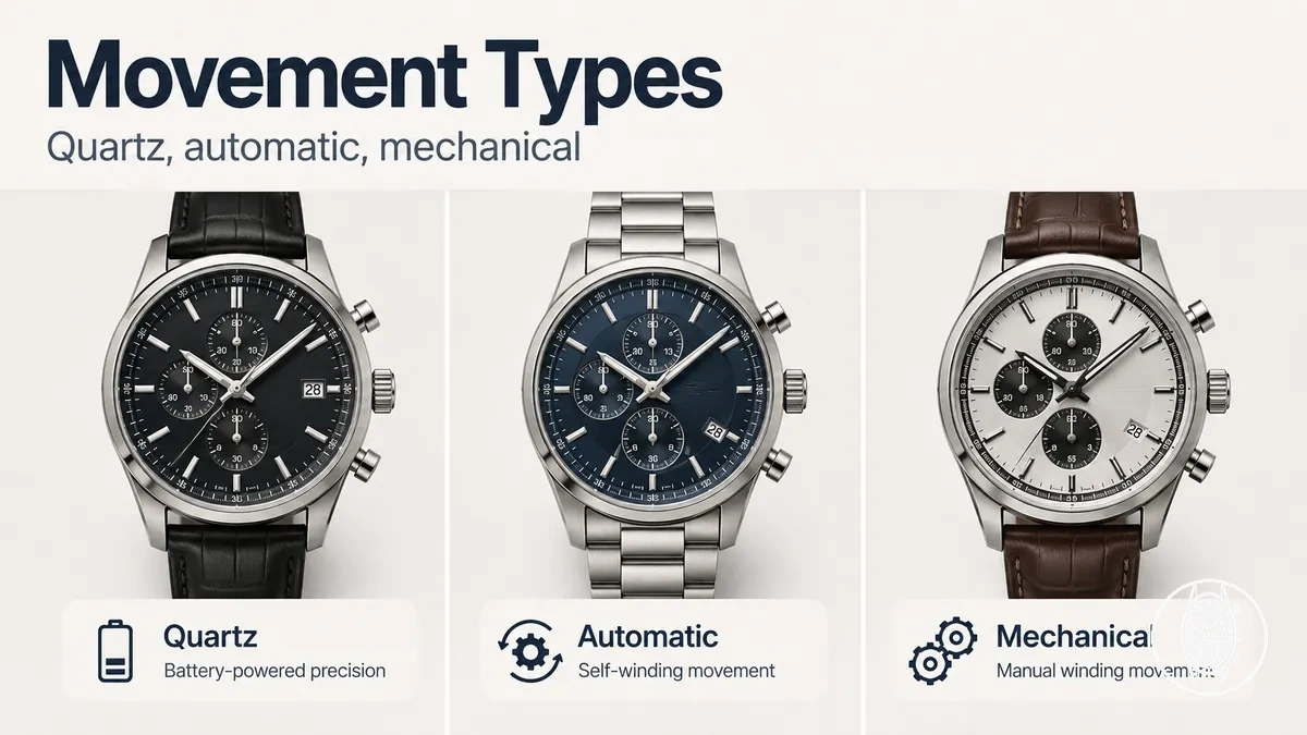 Men's chronograph watches representing quartz, automatic, and mechanical movement options