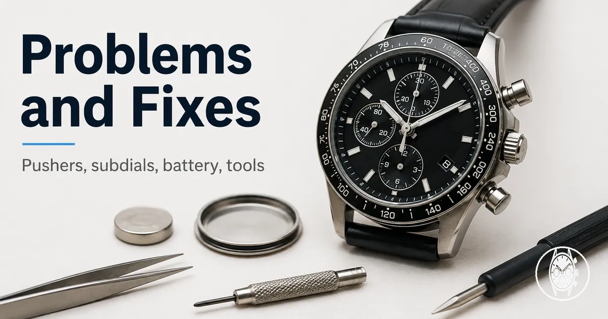 Men's chronograph watch troubleshooting scene showing pushers, subdials, battery, and repair tools