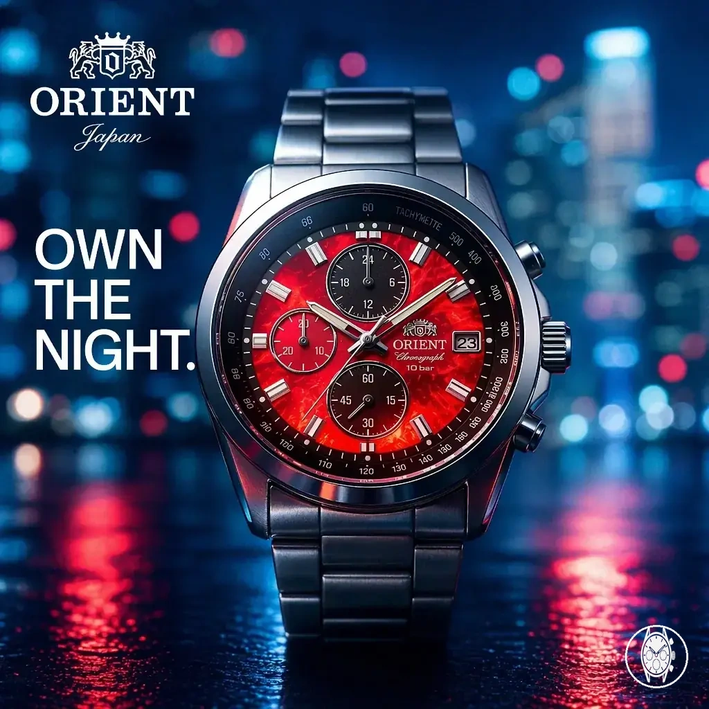 Men's quartz chronograph watch with tachymeter, date, stainless steel case, and 100M waterproof rating