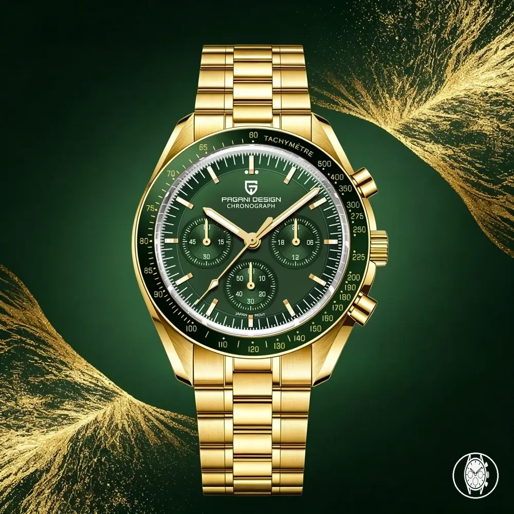 Men's quartz sports chronograph watch with sapphire crystal, waterproof case, and luminous details
