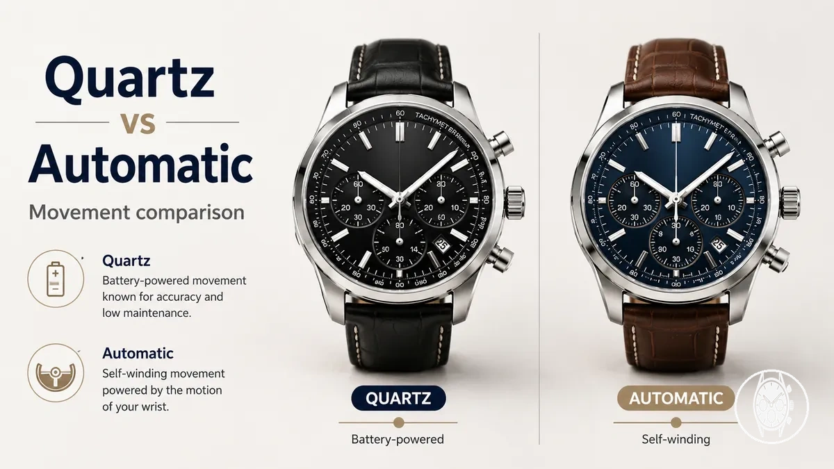 Quartz and automatic men's chronograph watches placed side by side for movement comparison