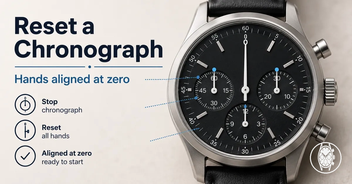 Men's chronograph watch with hands aligned at zero during reset and recalibration