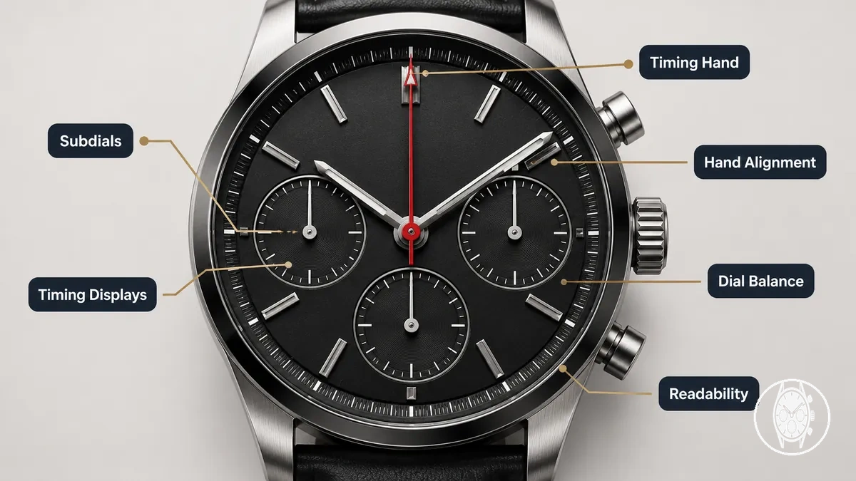Men's chronograph subdials and timing displays showing stopwatch layout and readable dial balance