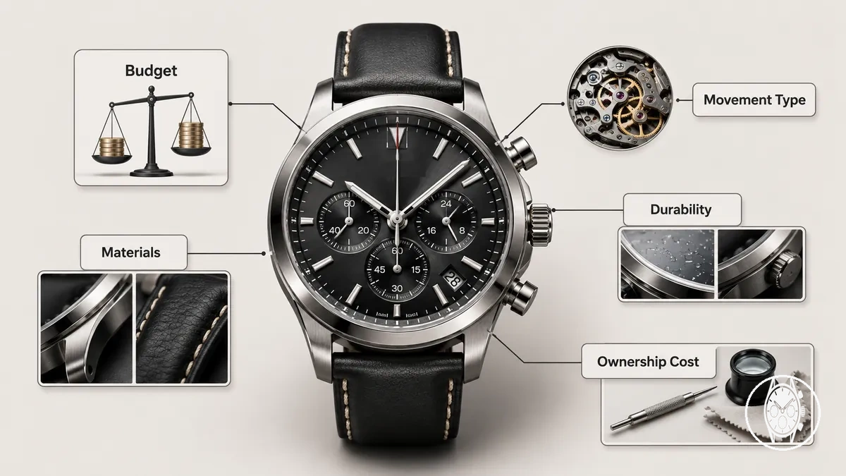Men's chronograph watch budget comparison showing movement, materials and durability as value factors