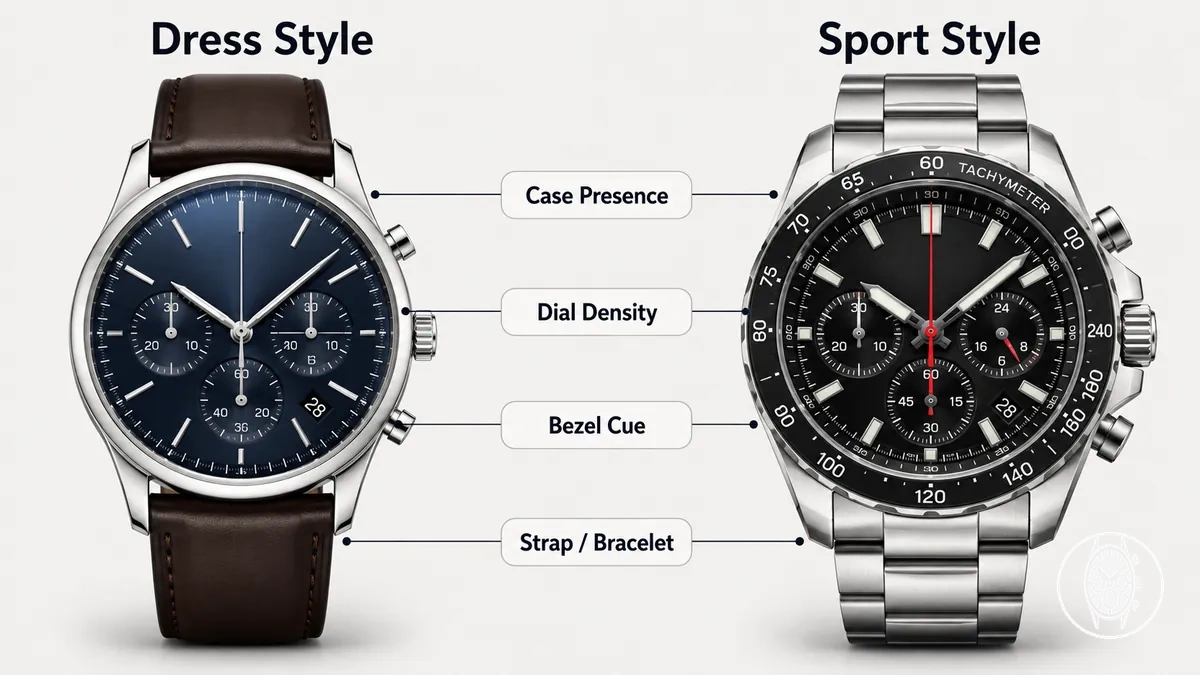 Dress and sport chronograph styles compared by case, dial, bezel, and strap signals