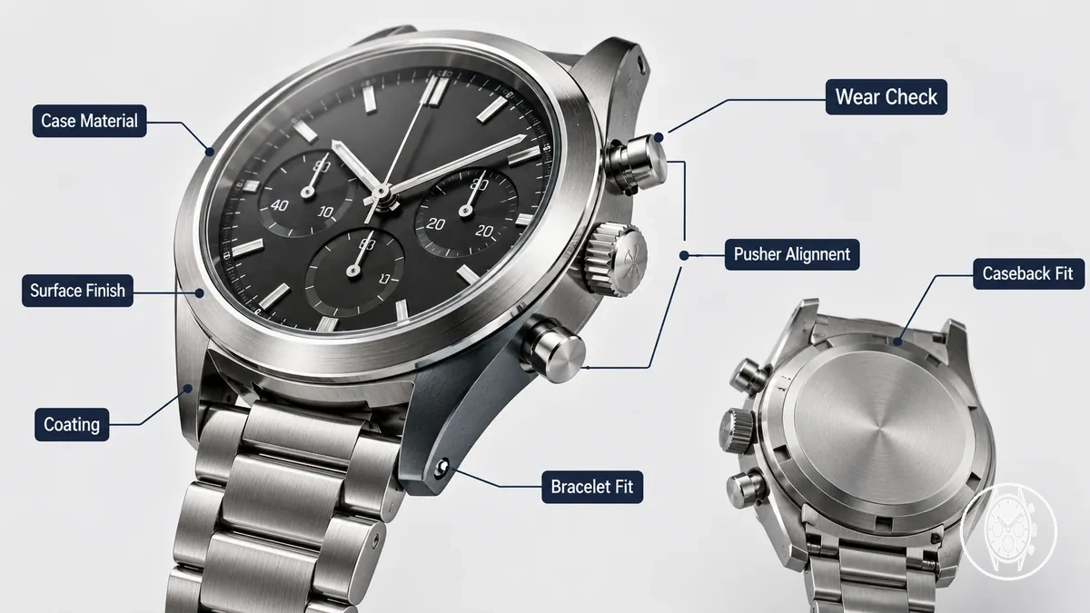 Men's chronograph watch case showing finish, pushers, caseback, and bracelet integration